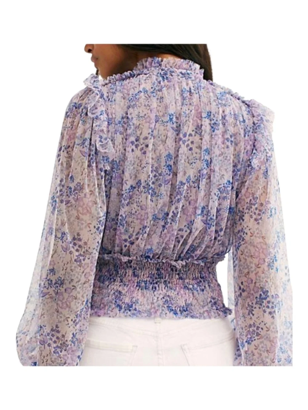 Free People Sheer Lavender Floral Ruffle Tie-Neck Blouse